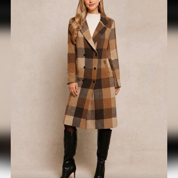Women's Elegant Vintage Plaid Lapel Mid-Length Woolen Coat,Suitable For Daily - Picture 1 of 4